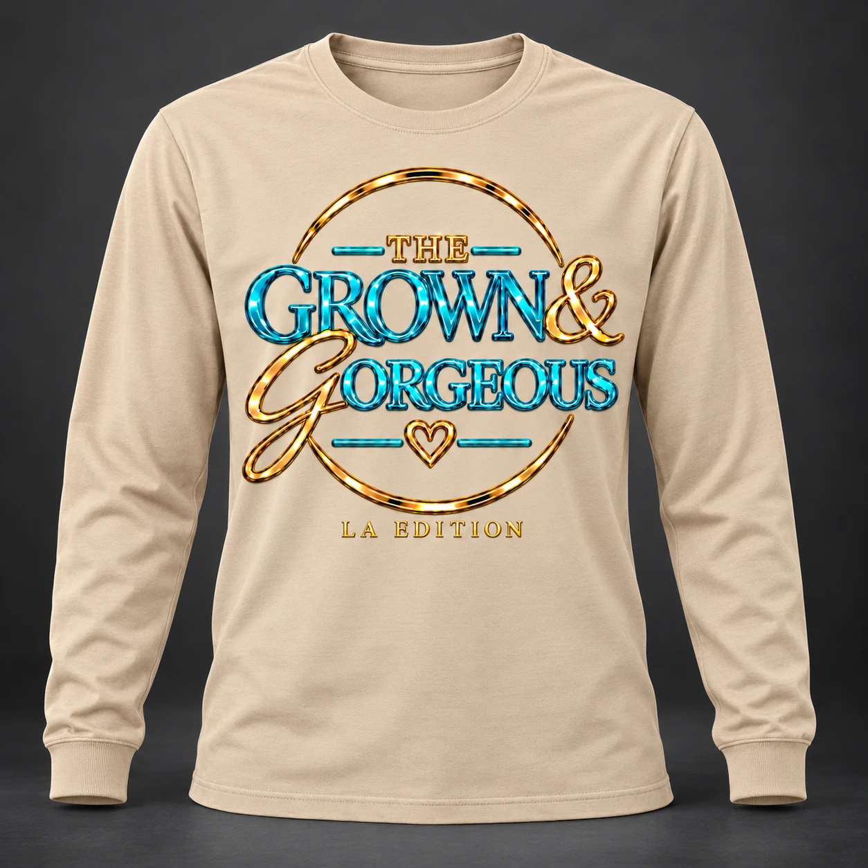 Tan Grown & Gorgeous LA Edition Long-Sleeve Tee with gold and teal logo