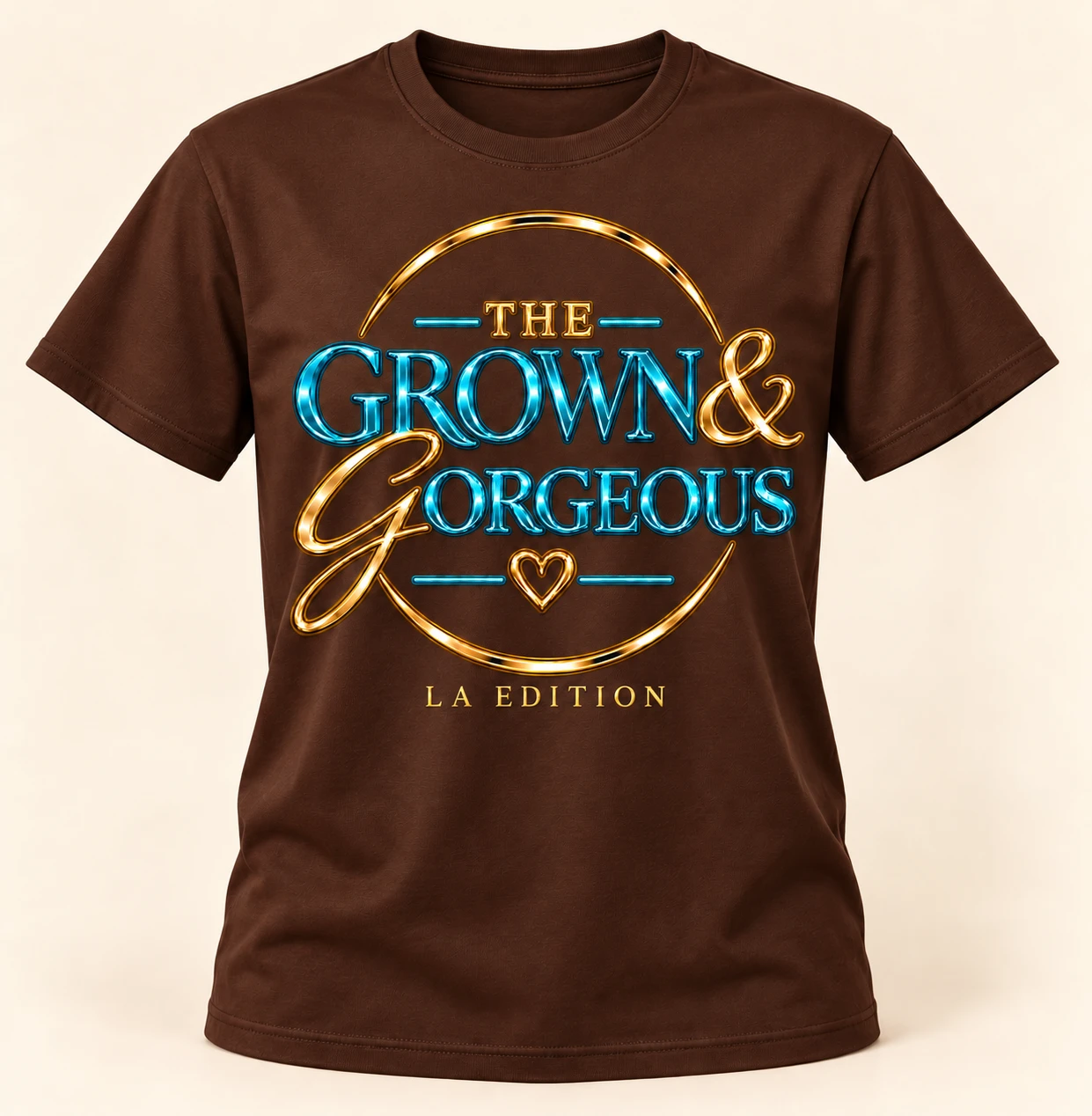 Chocolate Brown Grown & Gorgeous LA Edition T-shirt with gold and teal logo